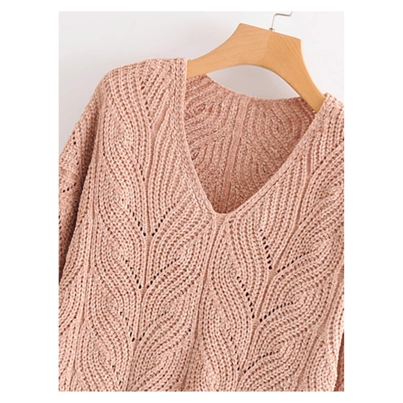 Beige V Neck Long Sleeve Chenille Sweater - Picture 3 of 7